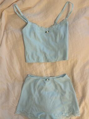 Colsie Light Blue Ribbed Lace-Trim Cami & Shorts Set